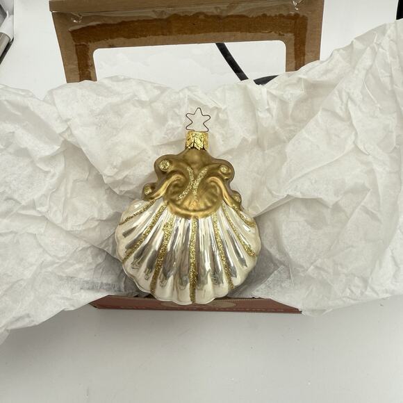 Gold Glitter Glass Clam SeaShell Christmas Ornament Old World Christmas 4" VTG - Picture 2 of 8